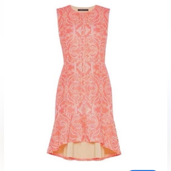BCBGMaxAzria Chrystal Coral Lace Pink Zip-Front Flounce-Hem Lace Dress Size: 6 - Picture 1 of 7